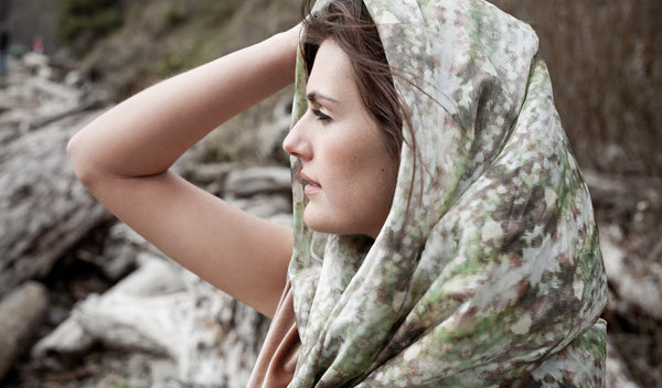 Carley Kahn "Kauri Coast" silk scarf. Profile of model wearing scarf.