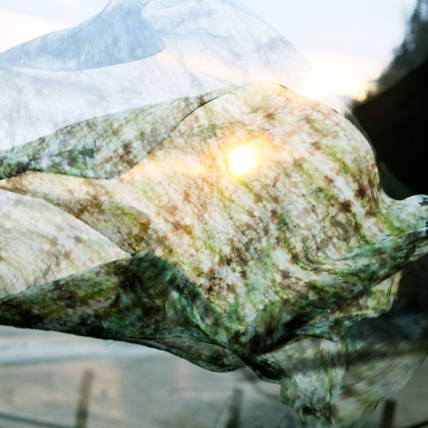 Carley Kahn "Kauri Coast" silk scarf. Blowing in wind at sunset. 